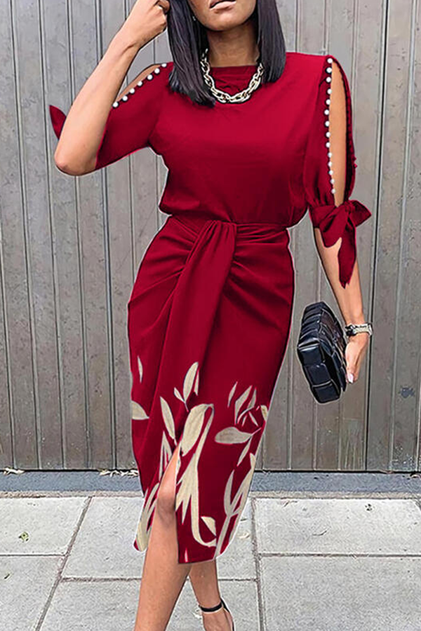 Fashion Elegant Print Slit Beading O Neck Dresses Fashionpara