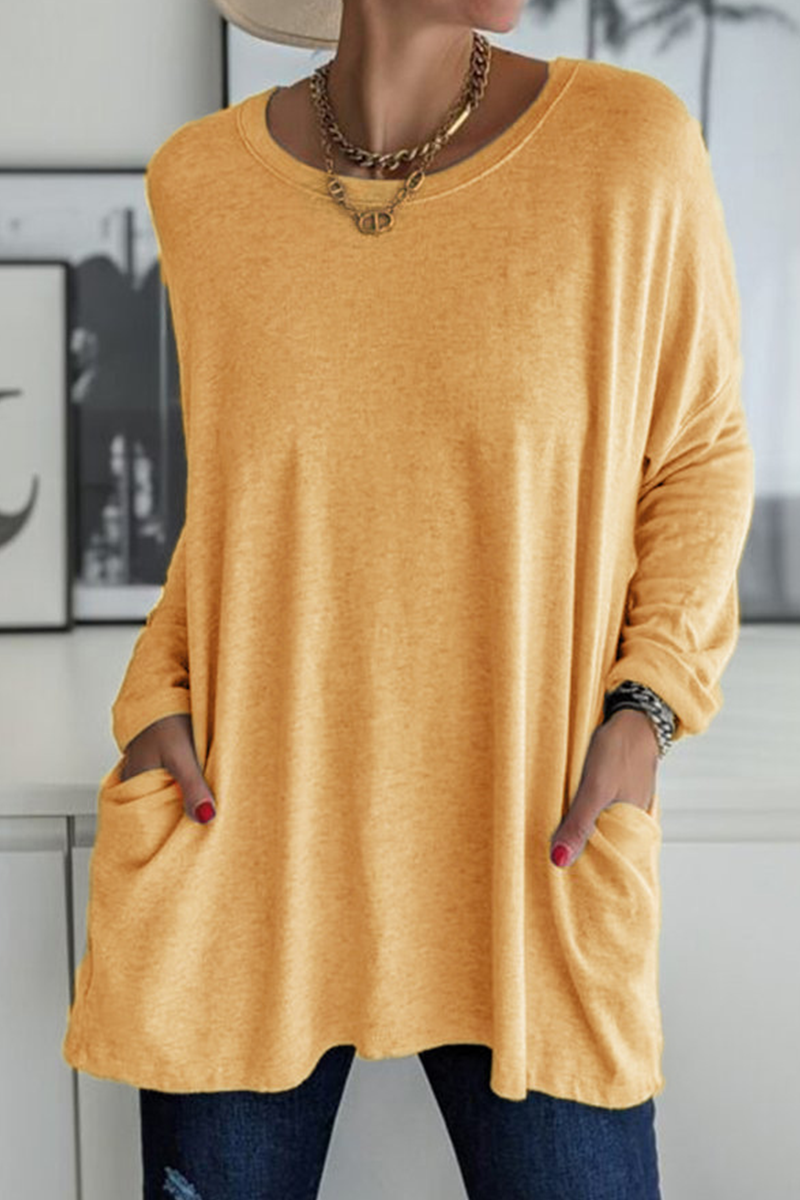 Casual Solid Patchwork Pocket O Neck Tops(13 Colors) - Fashionpara