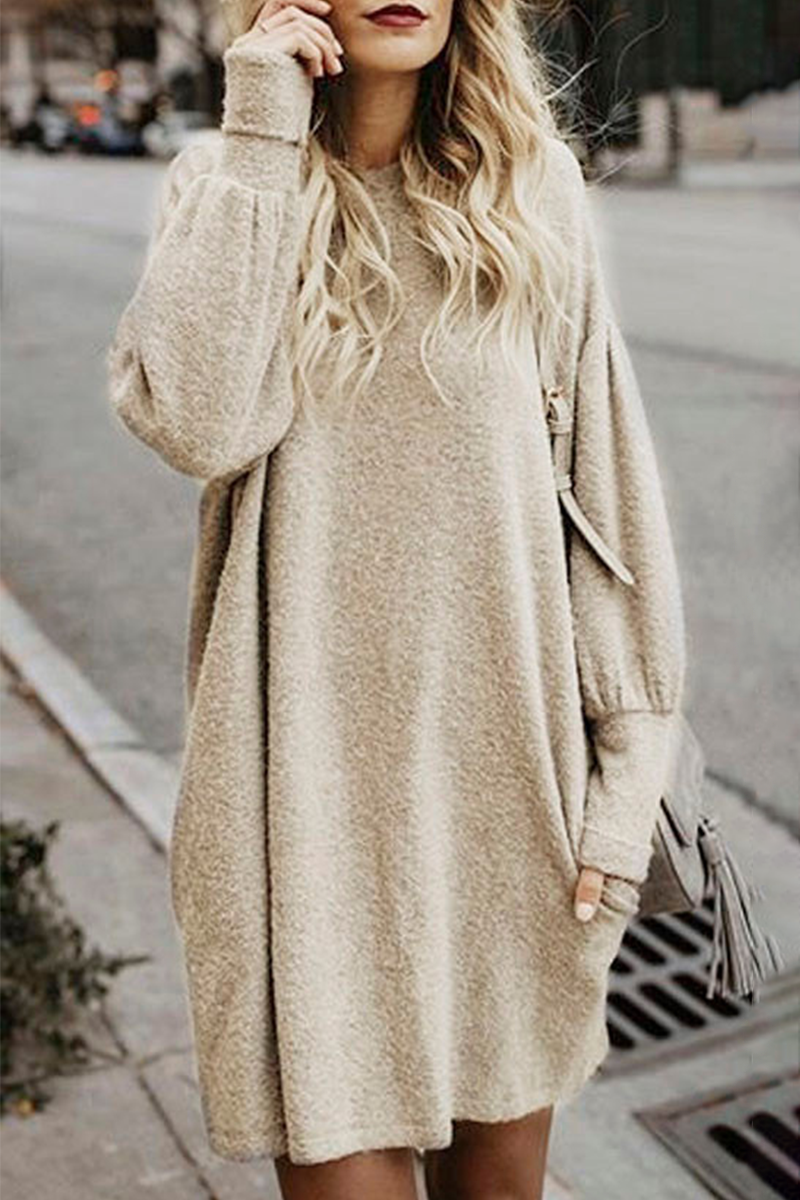 Casual Solid Patchwork Pocket O Neck Dresses(5 Colors) - Fashionpara