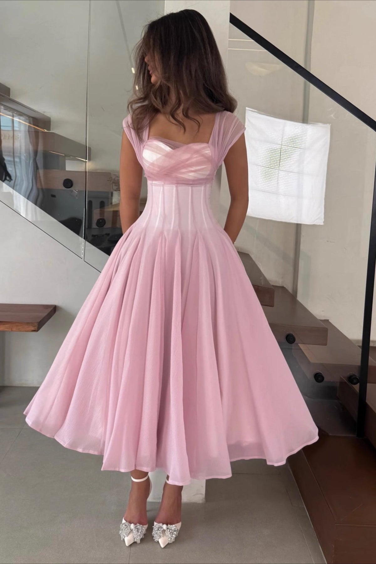 Cap Sleeve Sweetheart Corset Organza A-Line Midi Prom Dress - View 3