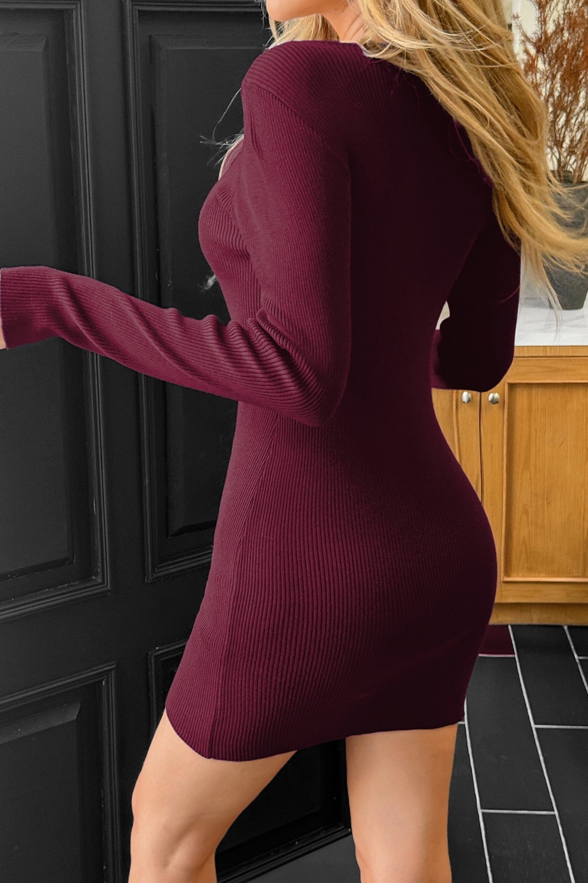 Ribbed Knit Henley Long Sleeve Bodycon Mini Dress