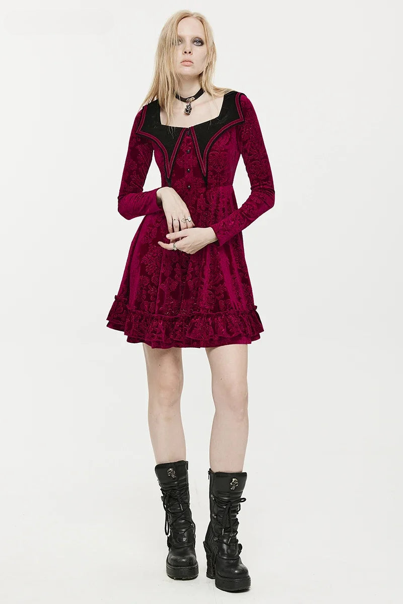 Velvet Embossed Square Neck Long Sleeve Mini Dress