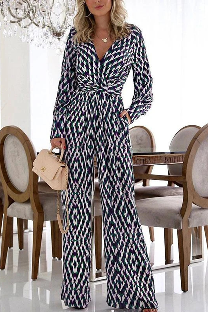 Casual Print Patchwork V Neck Boot Cut Jumpsuits - Fashionpara