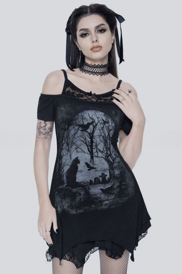 Graphic Print Off Shoulder Lace Trim Mini Dress