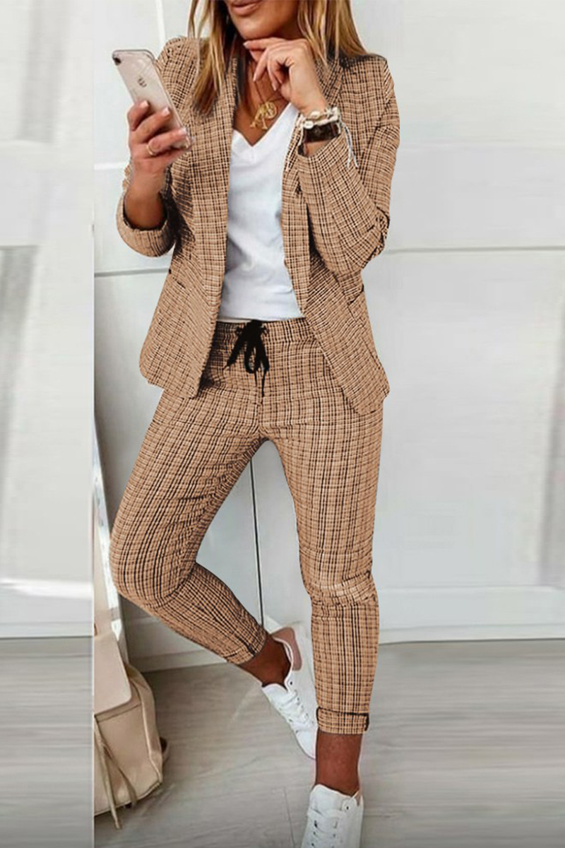 Casual Street Plaid Patchwork Turndown Collar Long Sleeve Two Pieces(4 Colors) - Fashionpara