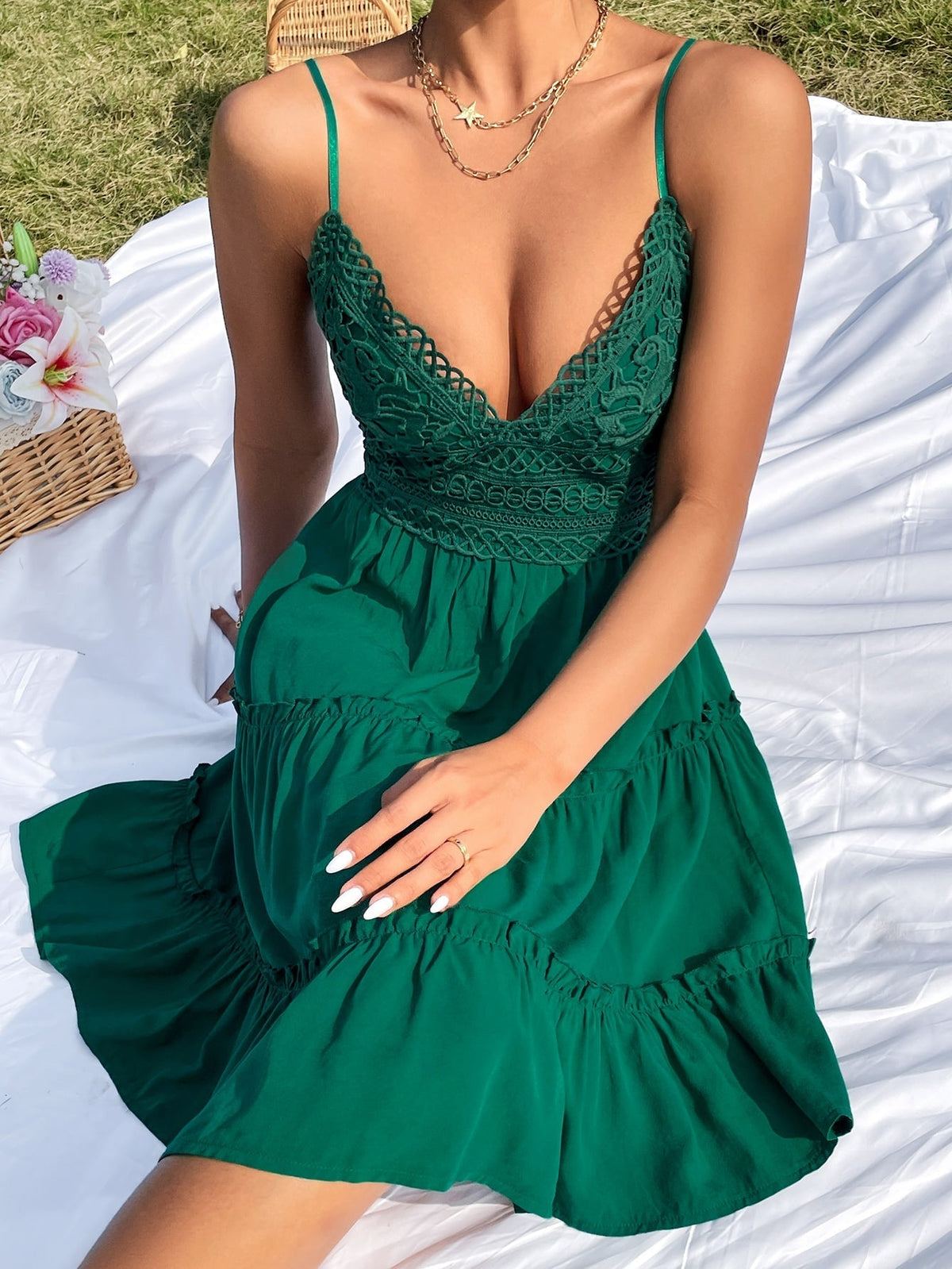 Crochet Lace V-Neck Tiered Fit & Flare Dress