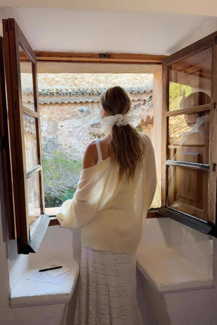 Elegant V-Neck Mohair Lace Bell Sleeve Cardigan for Chic Style