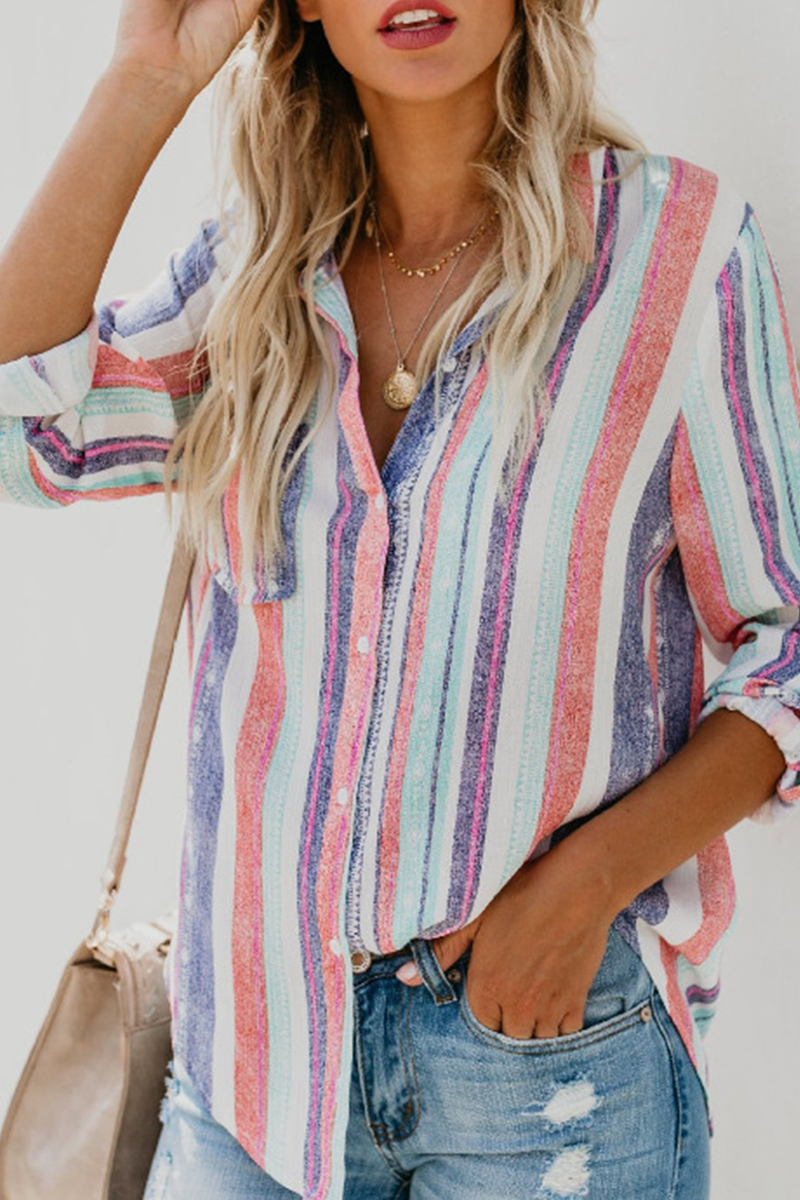 Fashion Striped Patchwork Turndown Collar Blouses