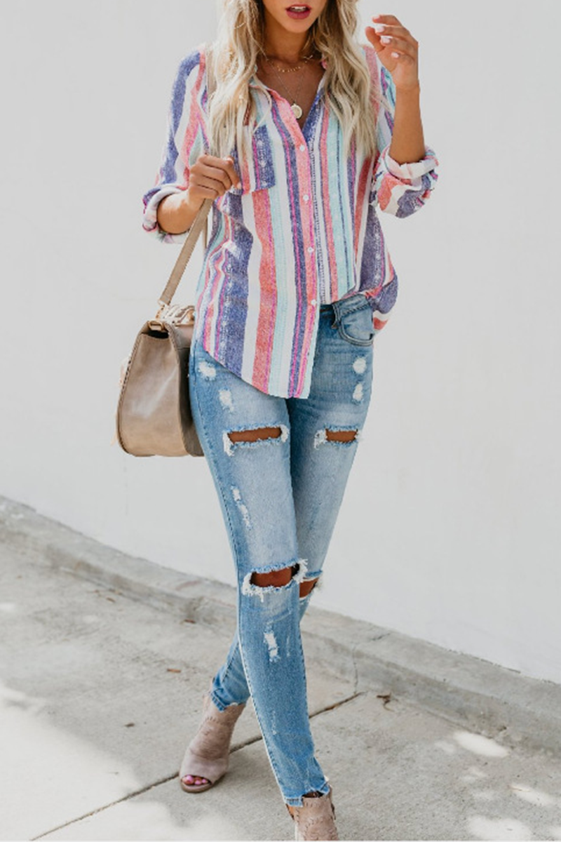 Fashion Striped Patchwork Turndown Collar Blouses