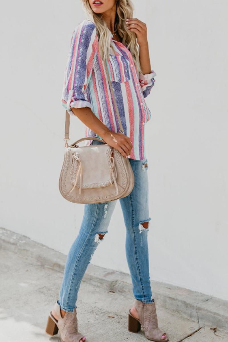 Fashion Striped Patchwork Turndown Collar Blouses
