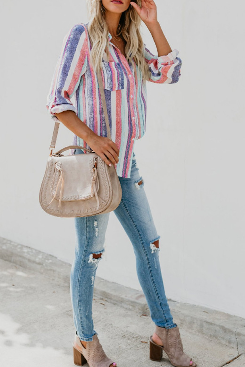 Fashion Striped Patchwork Turndown Collar Blouses