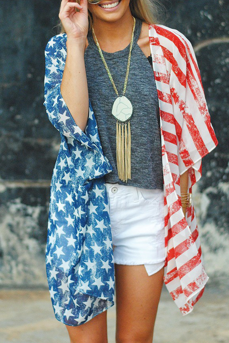 Casual Print Patchwork Cardigan Collar Tops  Fashionpara