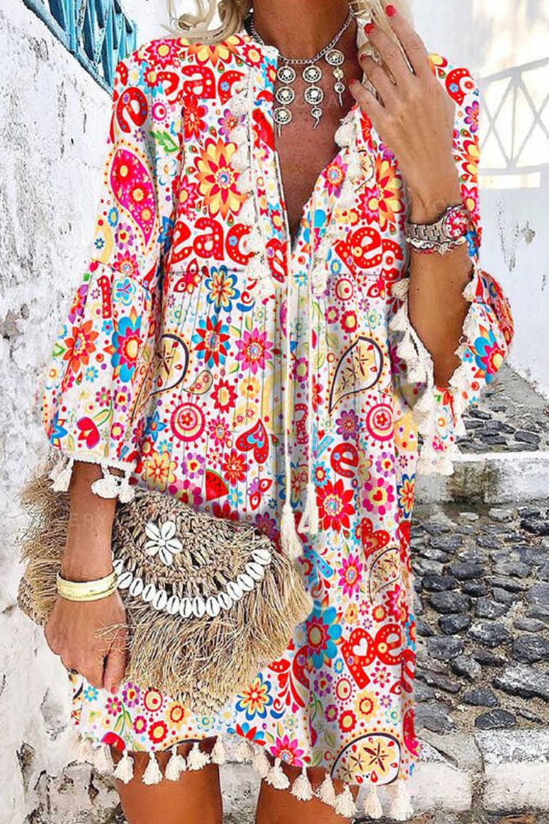 Casual Print Tassel V Neck Cake Skirt Dresses Fashionpara