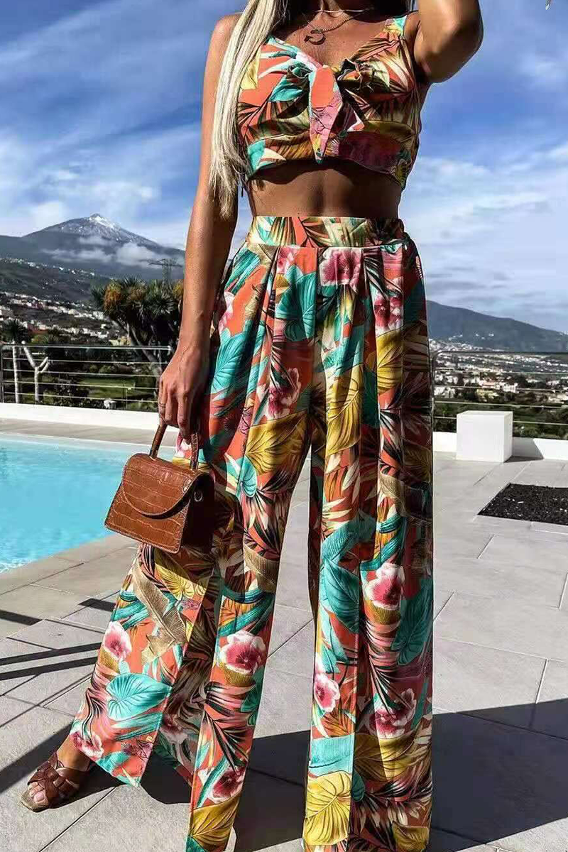 Casual Print Patchwork V Neck Sleeveless Two Pieces(3 Colors) - Fashionpara