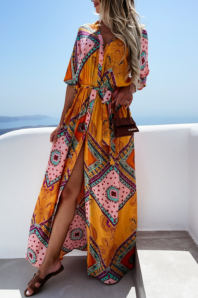 Casual Print Split Joint V Neck Irregular Dress Dresses Fashionpara