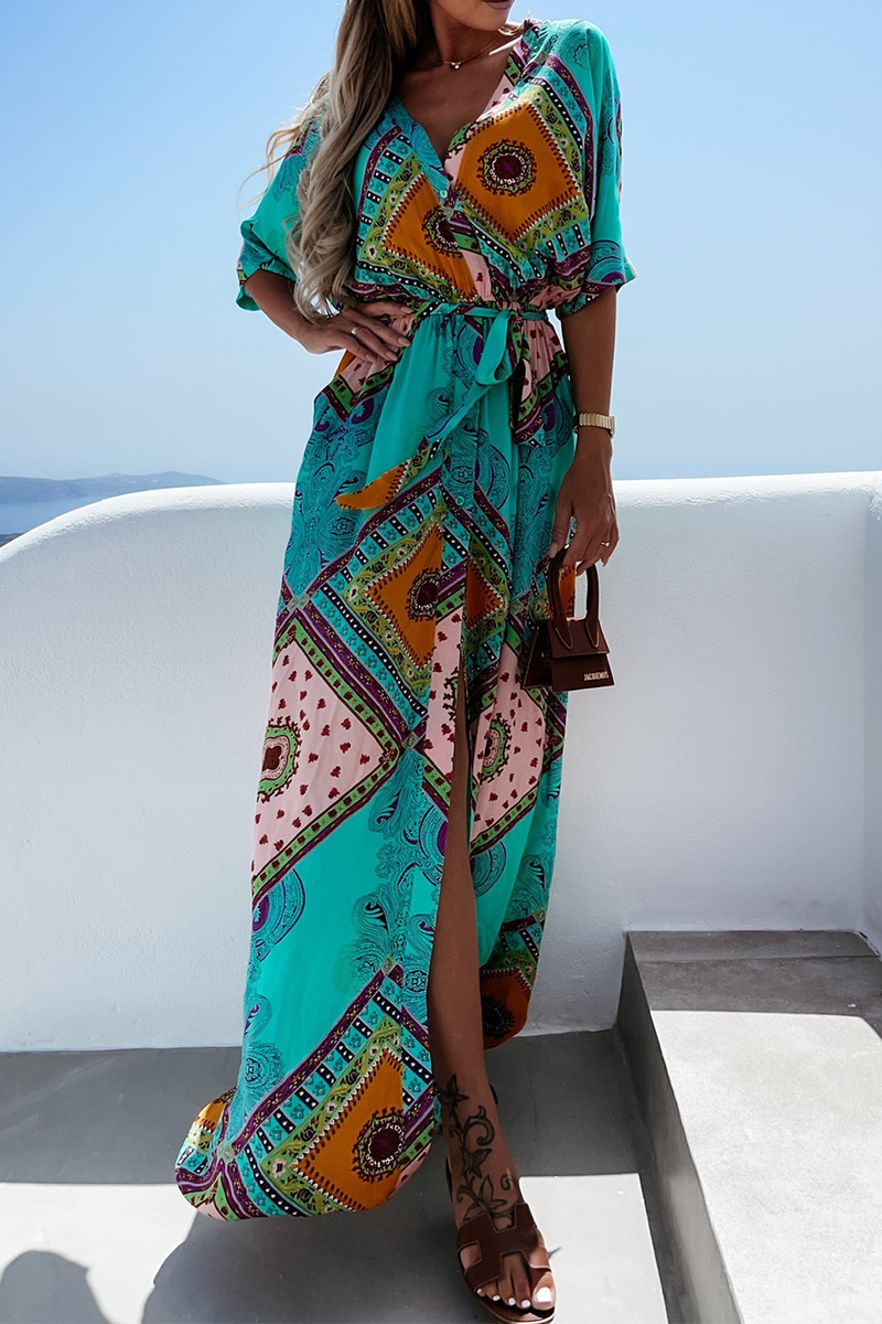 Casual Print Split Joint V Neck Irregular Dress Dresses Fashionpara