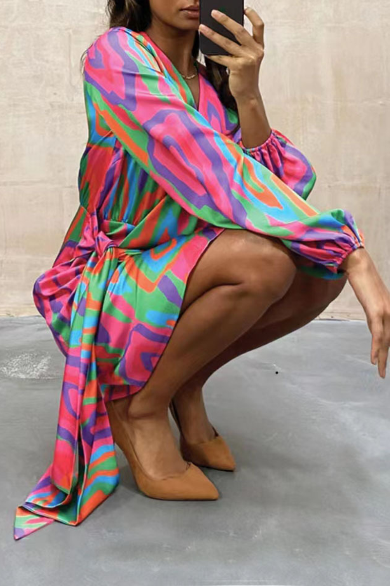 Casual Print Patchwork V Neck Irregular Dress Dresses - Fashionpara