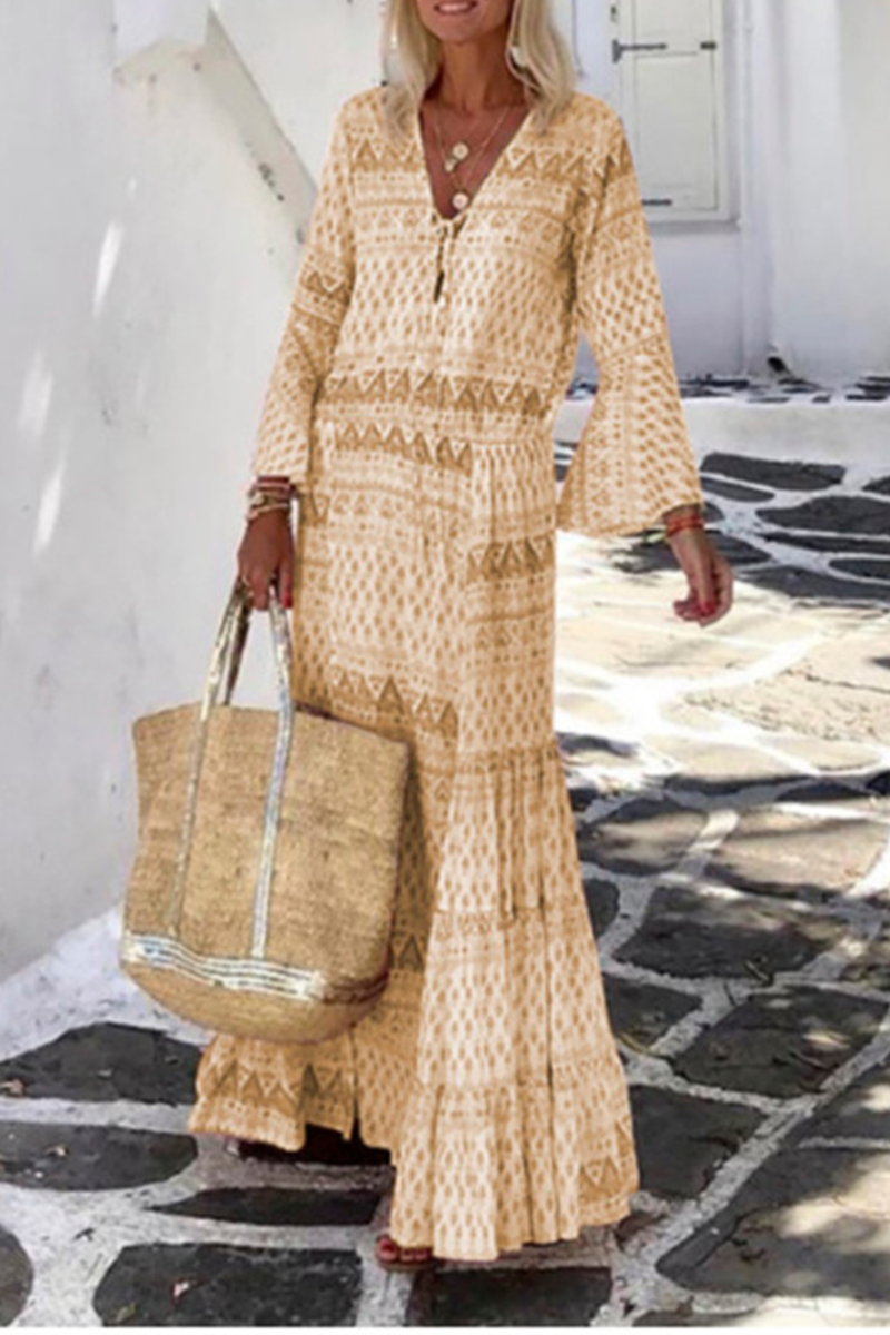 Casual Print Split Joint V Neck Cake Skirt Dresses Fashionpara