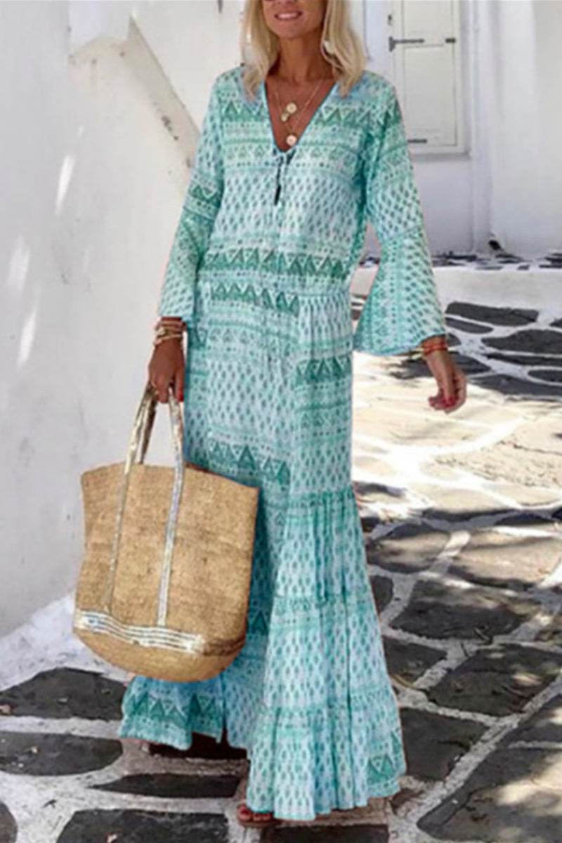 Casual Print Split Joint V Neck Cake Skirt Dresses Fashionpara