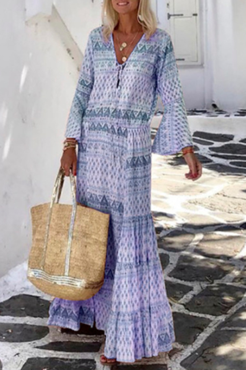 Casual Print Split Joint V Neck Cake Skirt Dresses Fashionpara