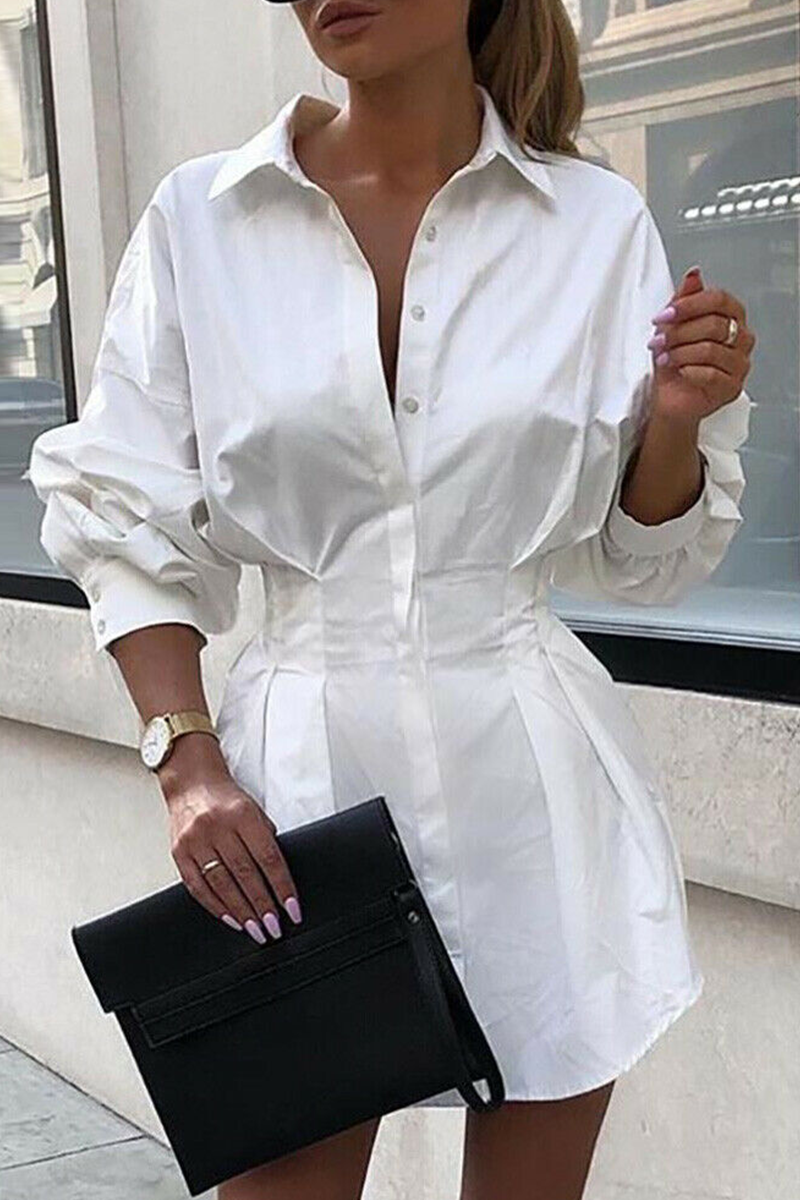 Casual Solid Patchwork Turndown Collar Waist Skirt Dresses(3 Colors) - Fashionpara