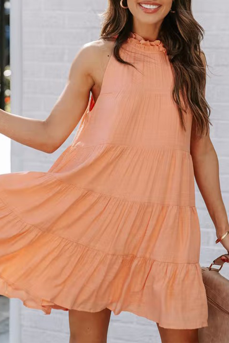 Casual Solid Patchwork Halter Cake Skirt Dresses - Fashionpara