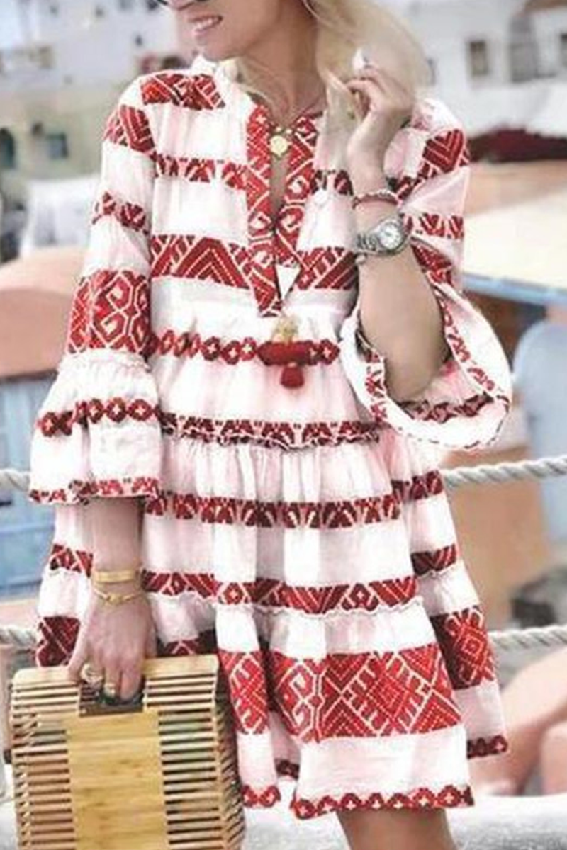 Casual Print Split Joint V Neck Cake Skirt Dresses Fashionpara