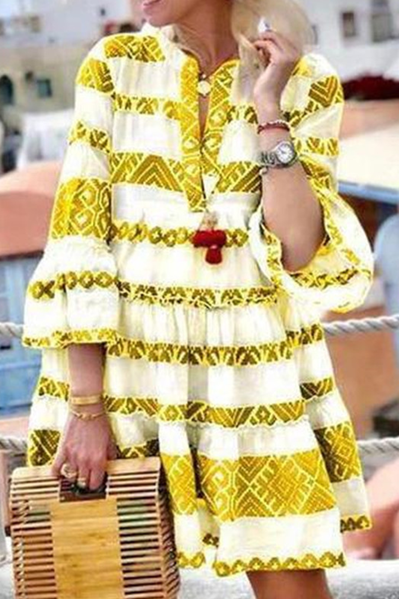 Casual Print Split Joint V Neck Cake Skirt Dresses Fashionpara