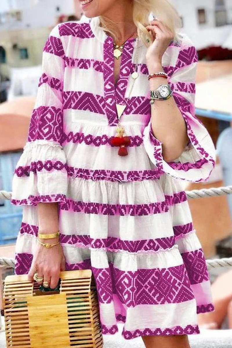 Casual Print Split Joint V Neck Cake Skirt Dresses Fashionpara