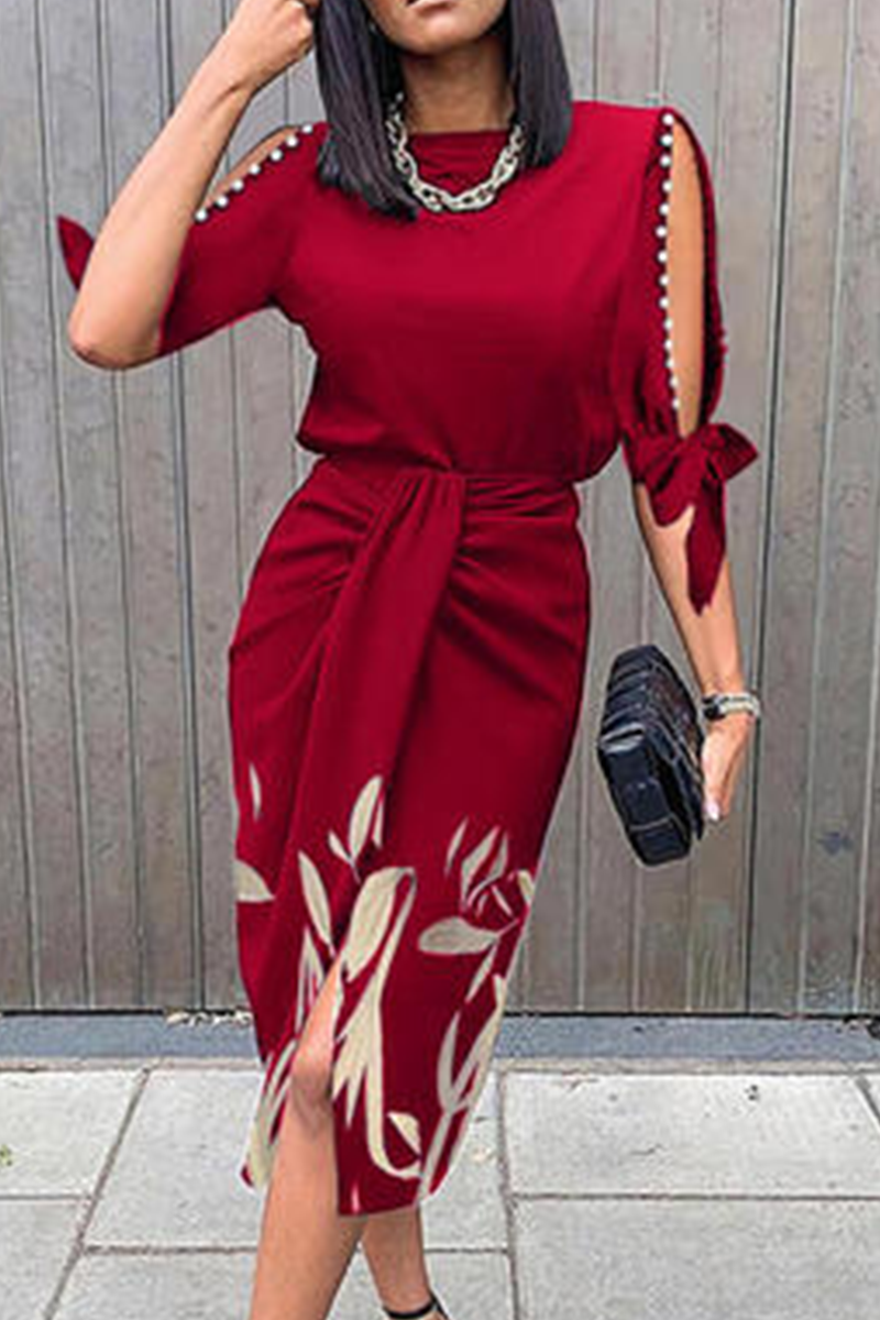 Casual Print Split Joint O Neck Waist Skirt Dresses Fashionpara