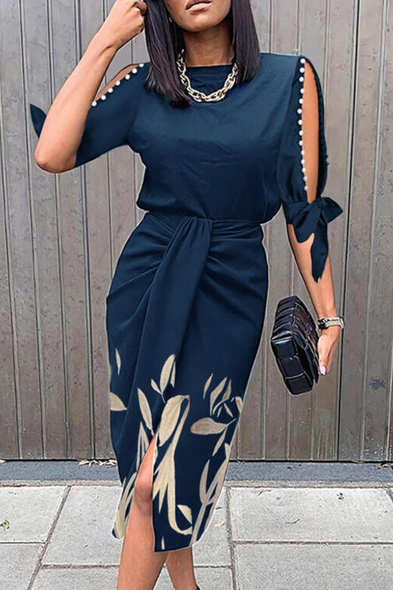 Casual Print Split Joint O Neck Waist Skirt Dresses Fashionpara