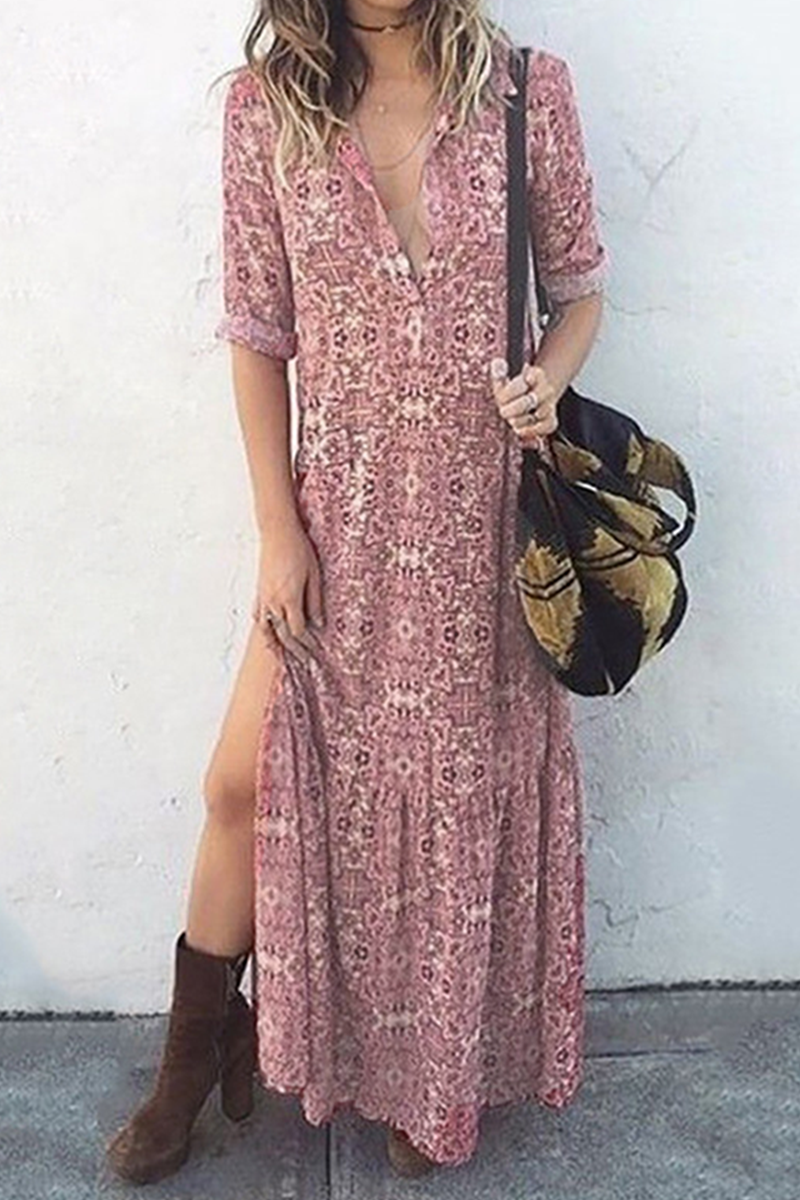 Casual Print Buckle Slit O Neck Dresses Fashionpara