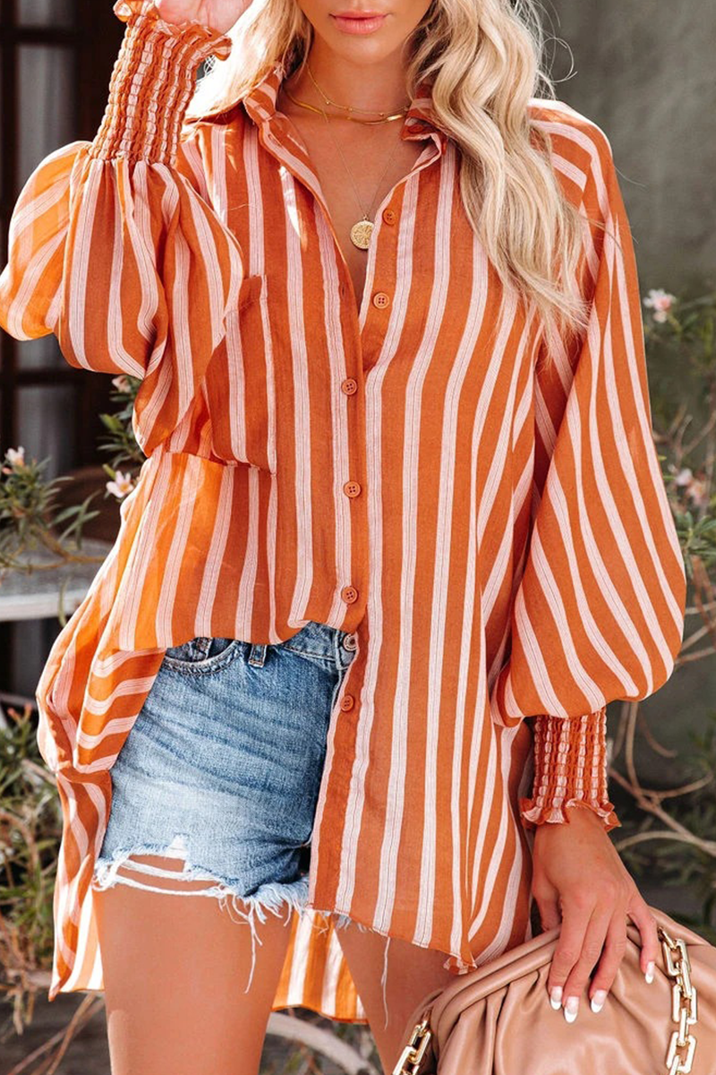 Casual Striped Patchwork Turndown Collar Tops - Fashionpara