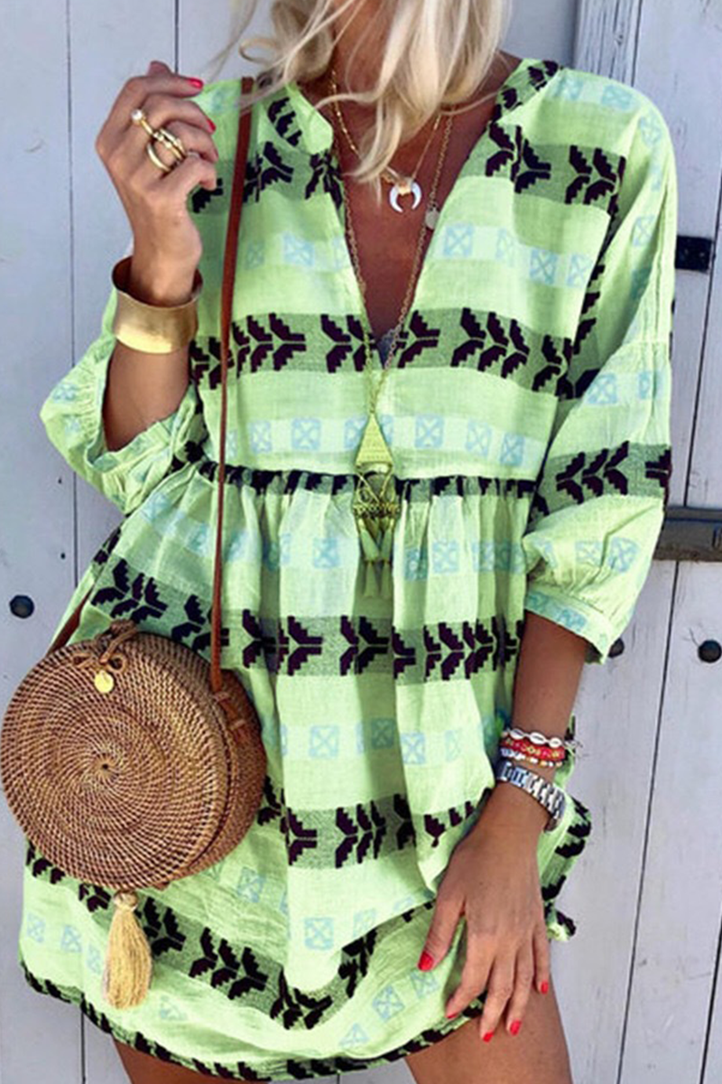 Casual Print Patchwork V Neck Straight Dresses(3 Colors) Fashionpara