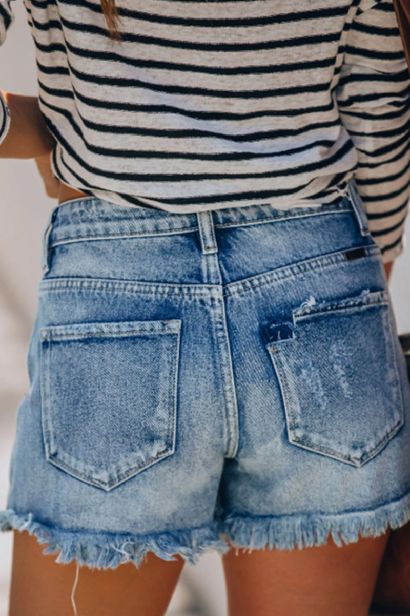 Casual Solid Patchwork Mid Waist Skinny Denim Shorts  Fashionpara