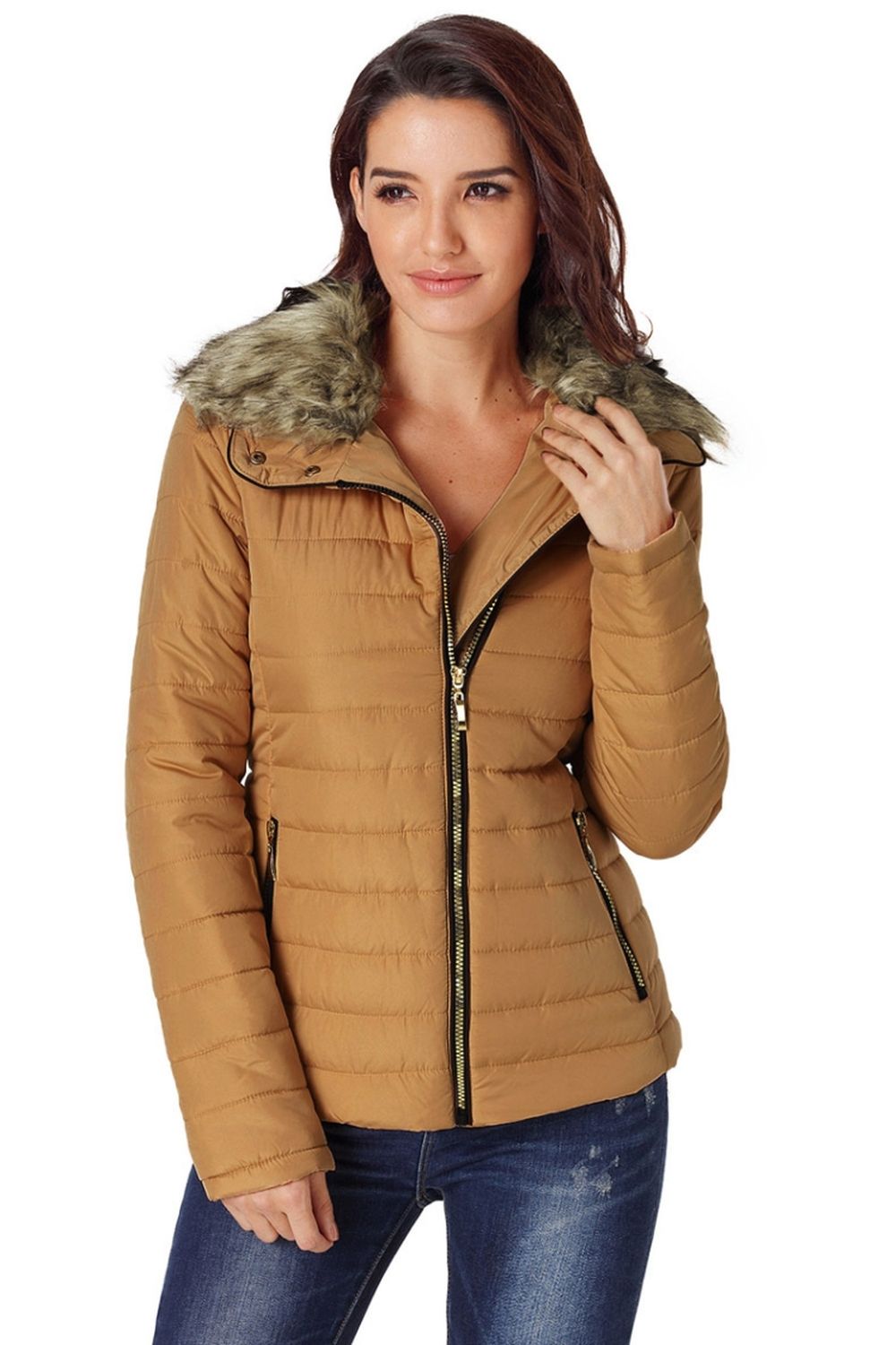 Faux Fur Collar Zipper Two-Pocket Jacket