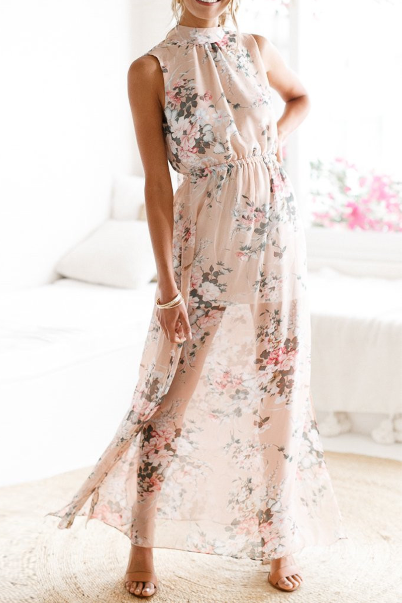 Casual Print Backless Mesh Halter Dresses  Fashionpara