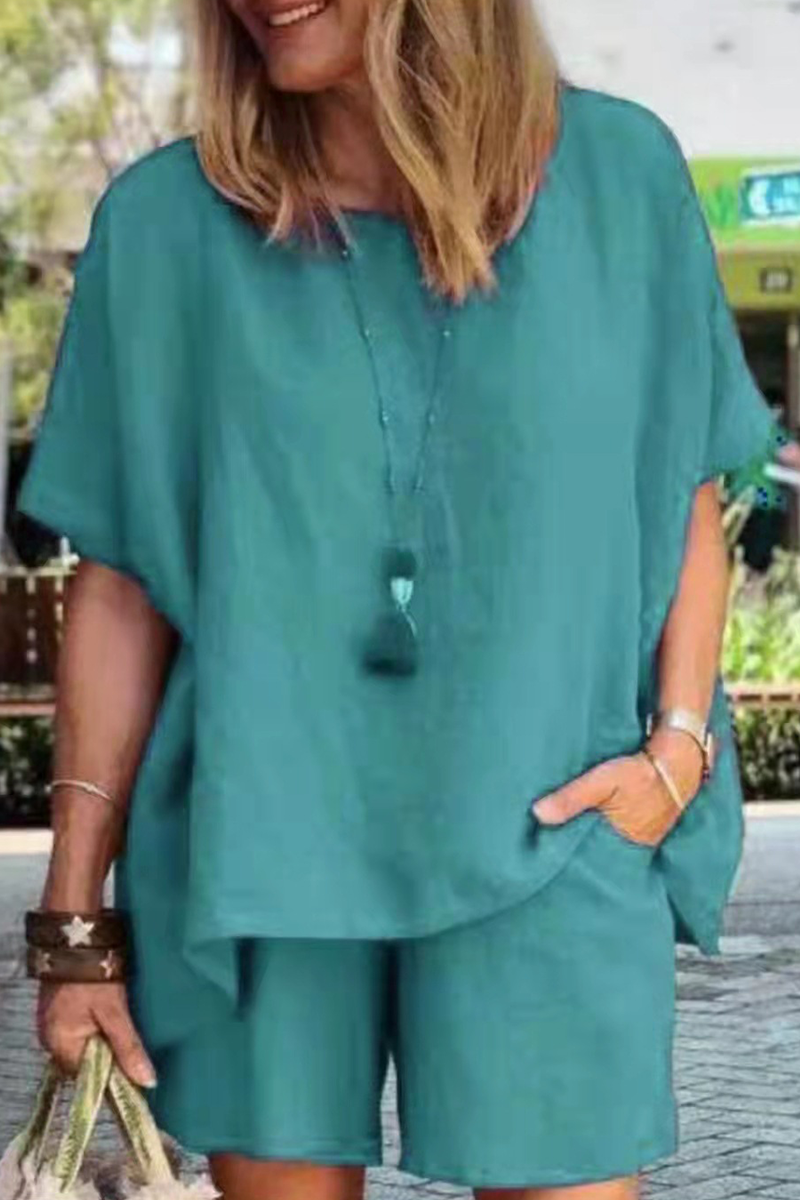 Fashion Solid Patchwork O Neck Short Sleeve Two Pieces - Fashionpara