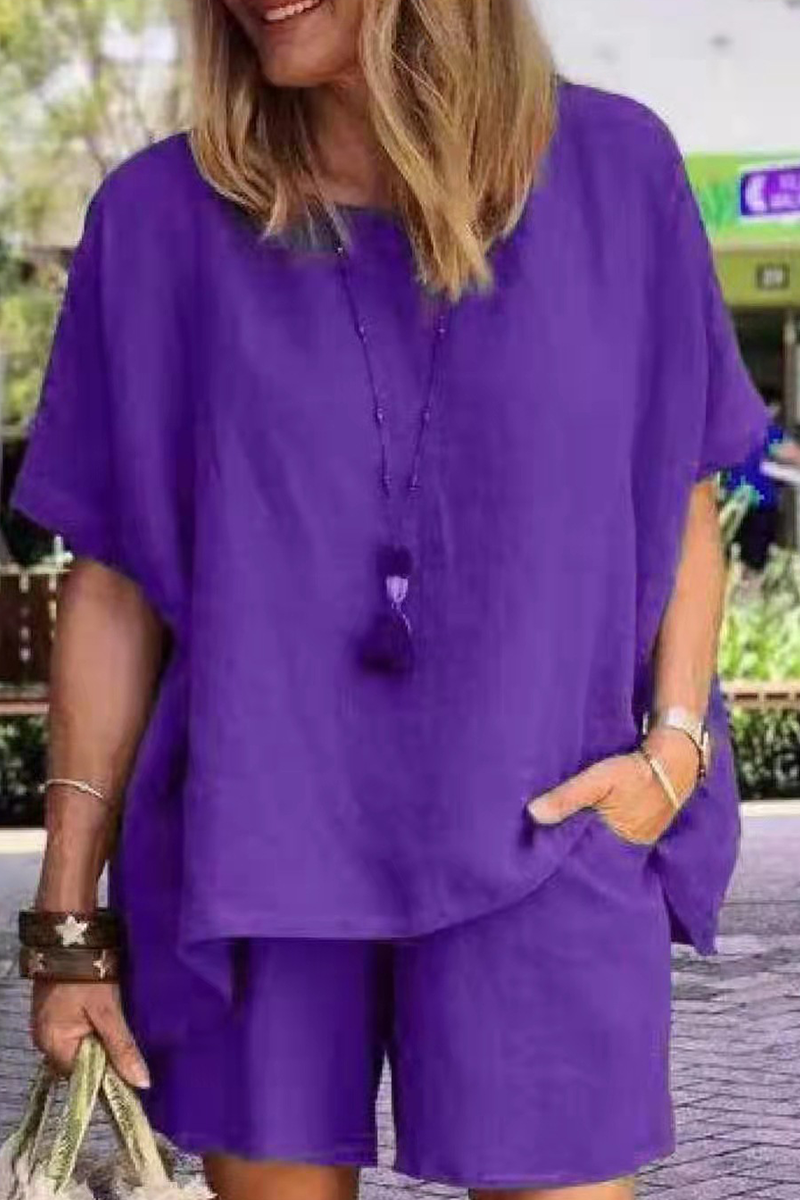 Fashion Solid Patchwork O Neck Short Sleeve Two Pieces - Fashionpara