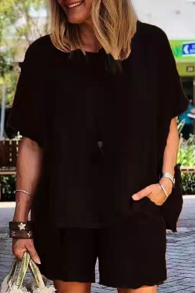 Fashion Solid Patchwork O Neck Short Sleeve Two Pieces - Fashionpara