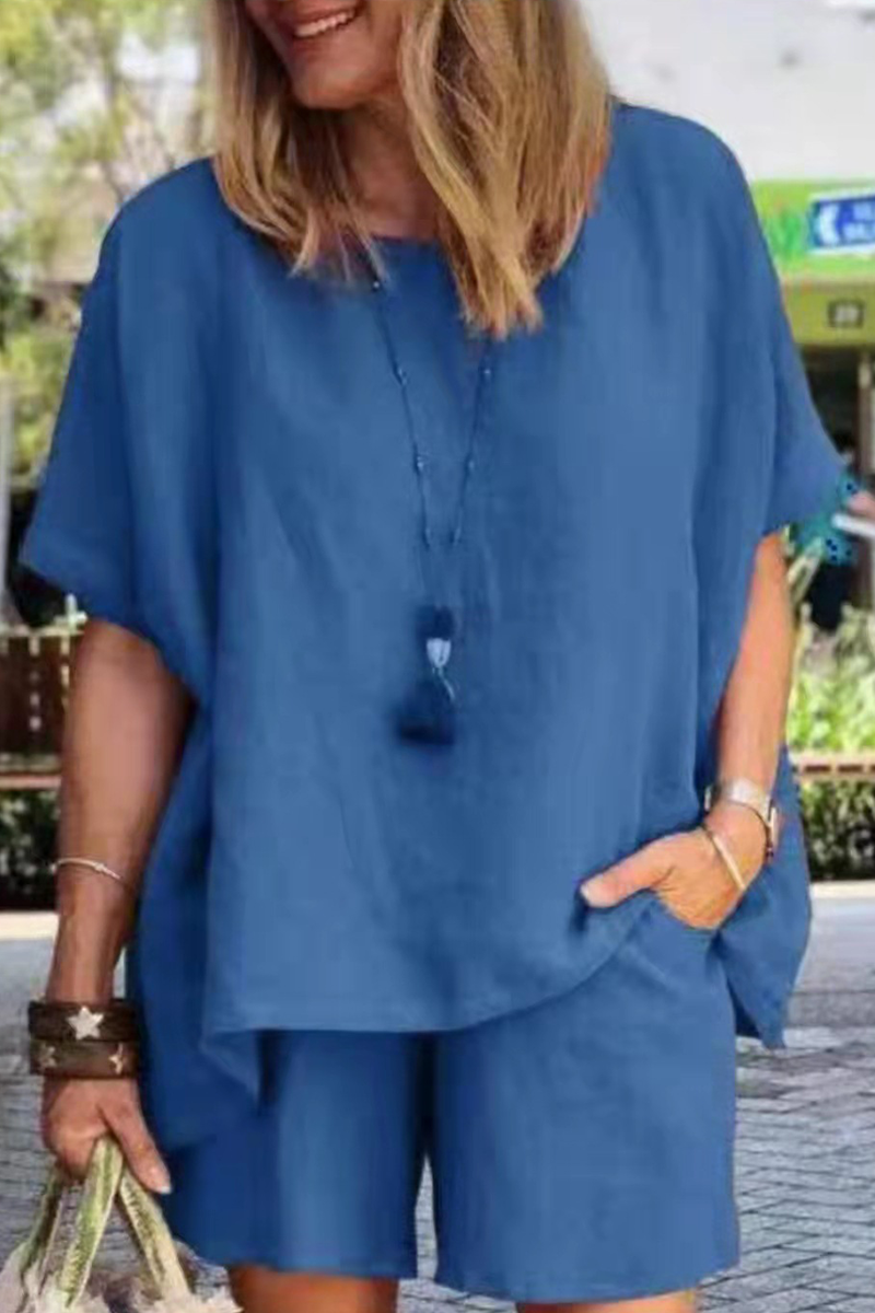 Fashion Solid Patchwork O Neck Short Sleeve Two Pieces - Fashionpara