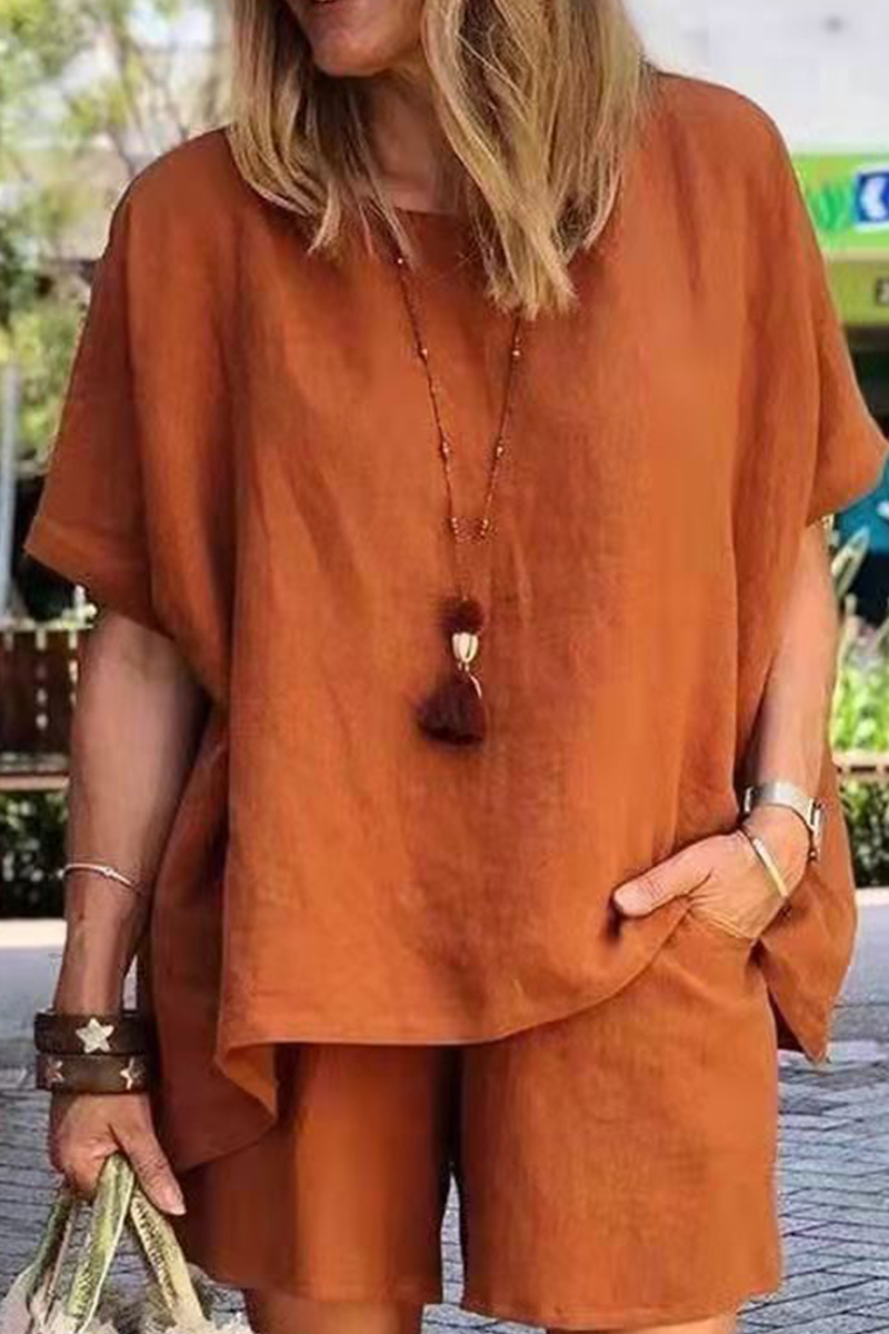Fashion Solid Patchwork O Neck Short Sleeve Two Pieces - Fashionpara