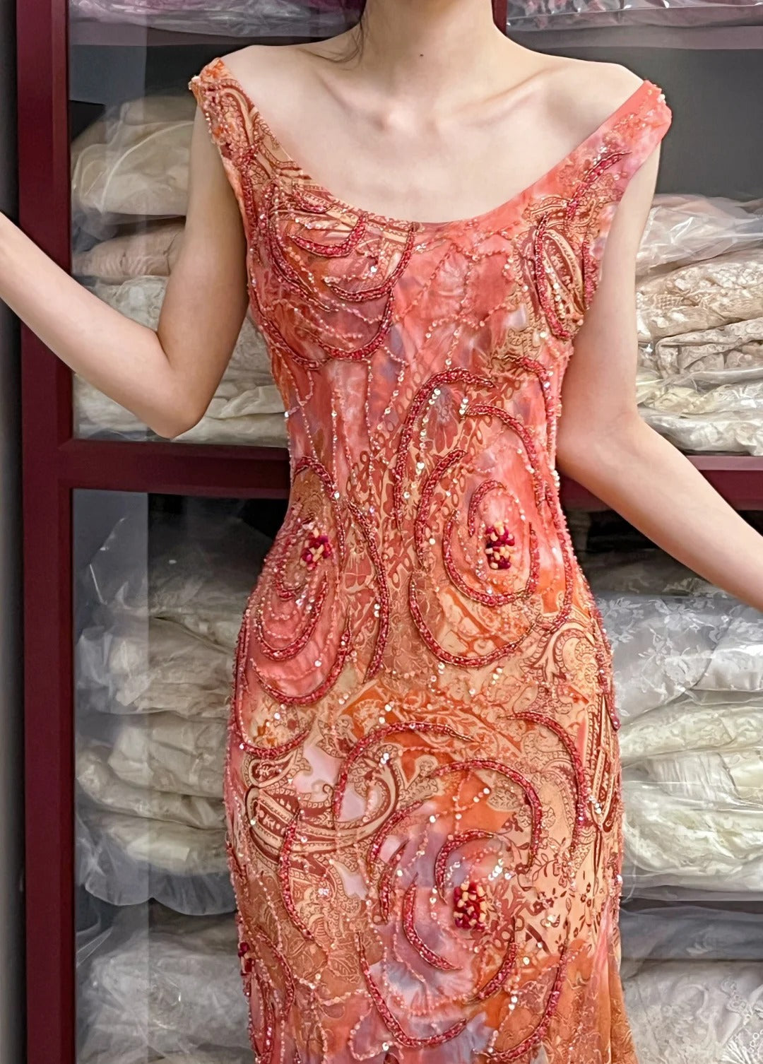 Retro Sparkling Orange-Red Mermaid Ruffled Beaded Chiffon Long Prom Dress Evening Dress P4165