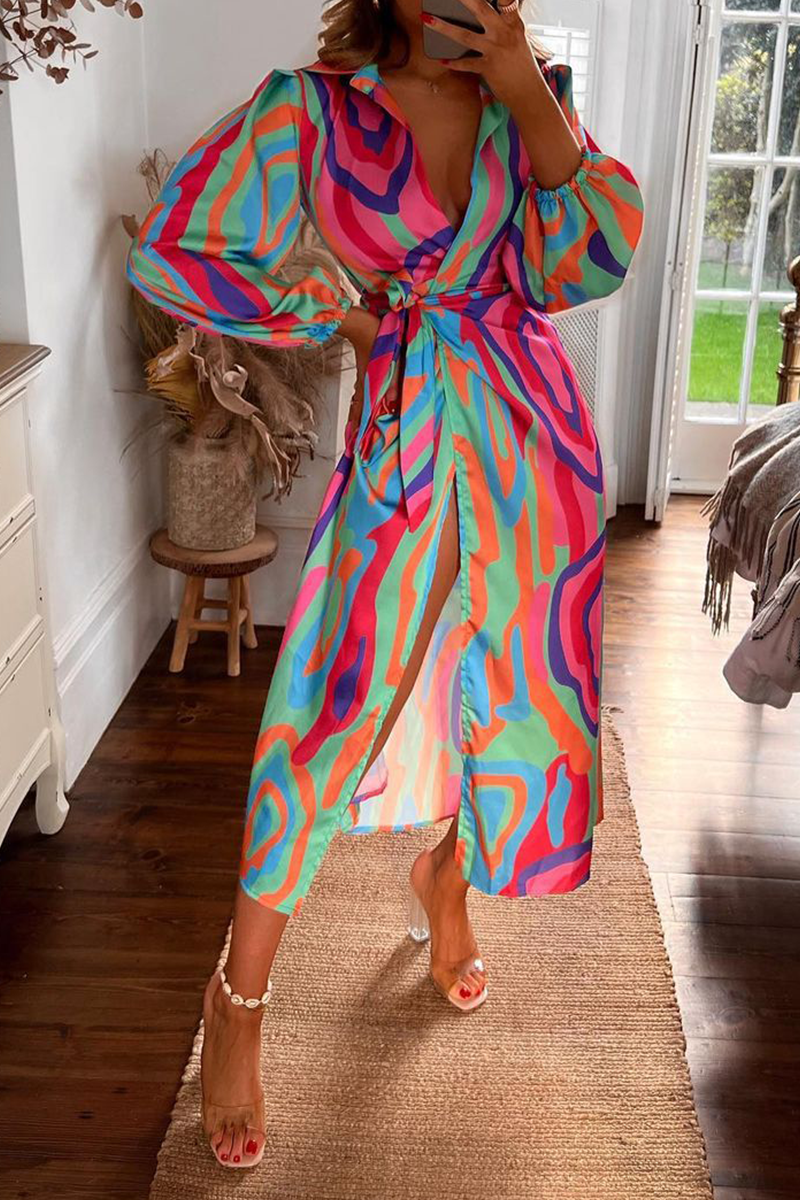 Fashion Print Patchwork V Neck Waist Skirt Dresses Fashionpara