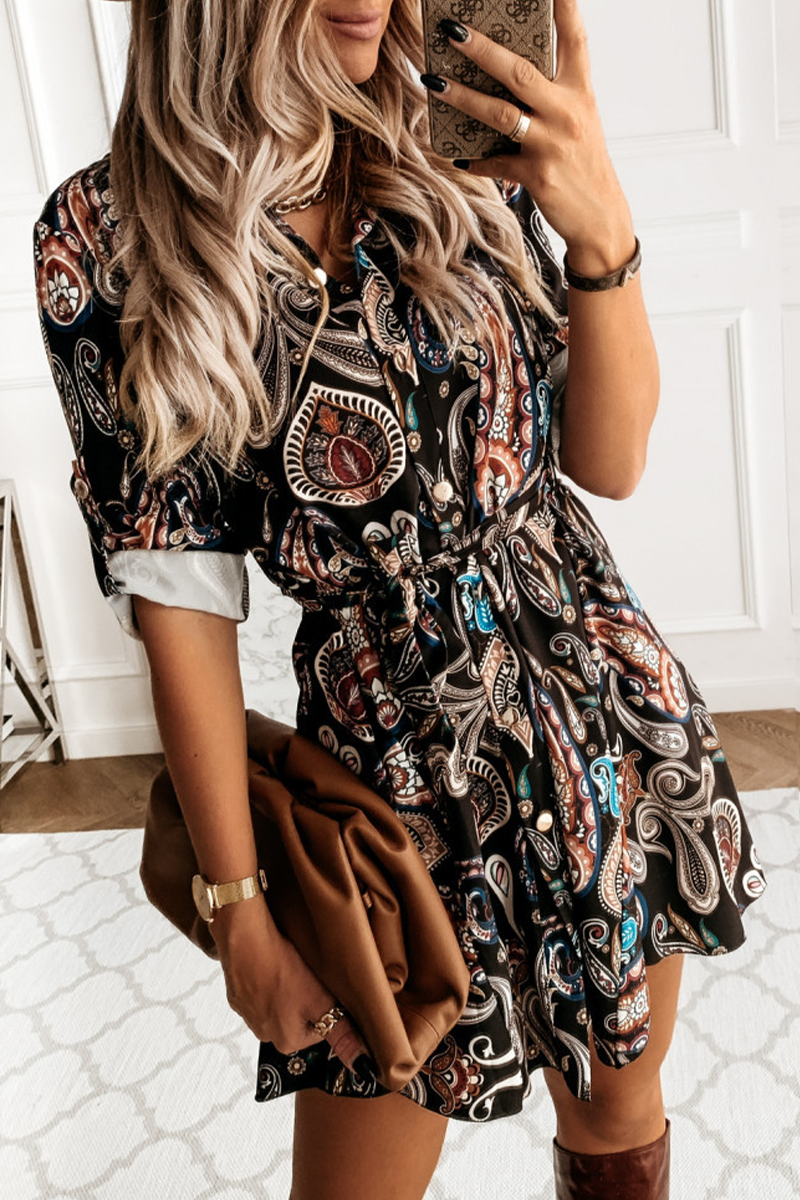 Fashion Print Split Joint Turndown Collar Cake Skirt Dresses(3 colors)