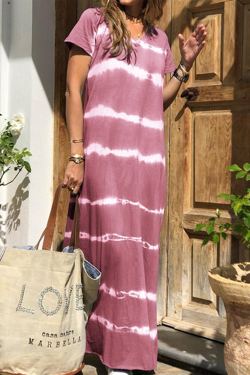 Casual Striped Split Joint V Neck Straight Dresses(4 colors) - Fashionpara