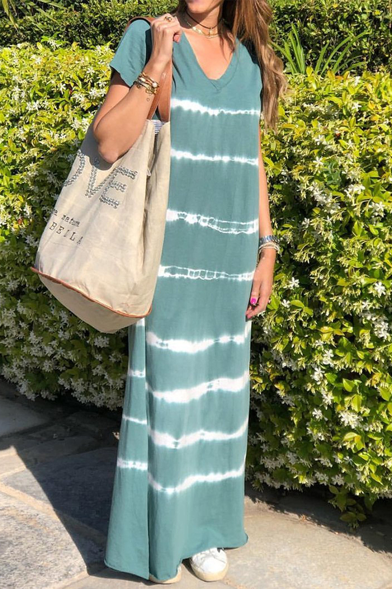 Casual Striped Split Joint V Neck Straight Dresses(4 colors) - Fashionpara