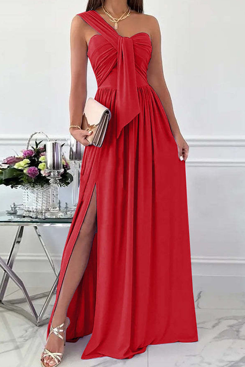 Fashion Sexy Solid Backless Slit One Shoulder Evening Dress Dresses(7 Colors) - Fashionpara