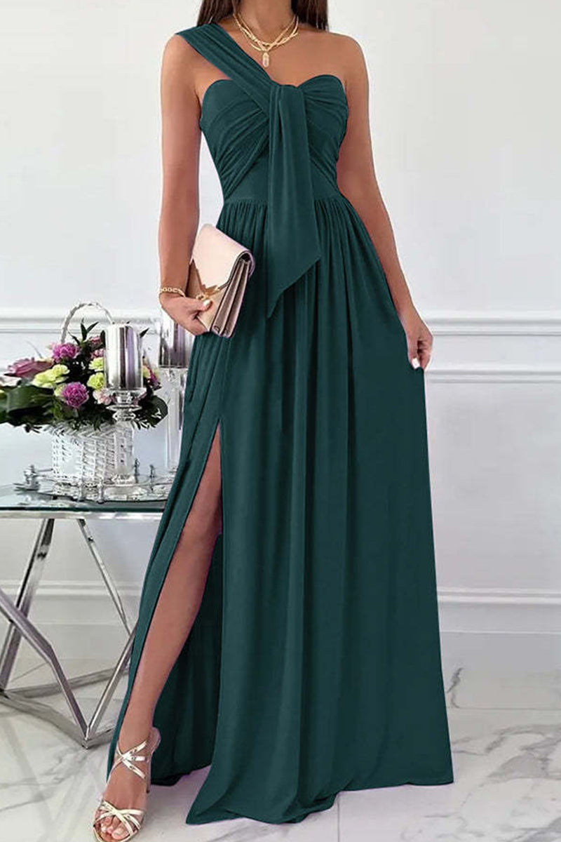 Fashion Sexy Solid Backless Slit One Shoulder Evening Dress Dresses(7 Colors) - Fashionpara