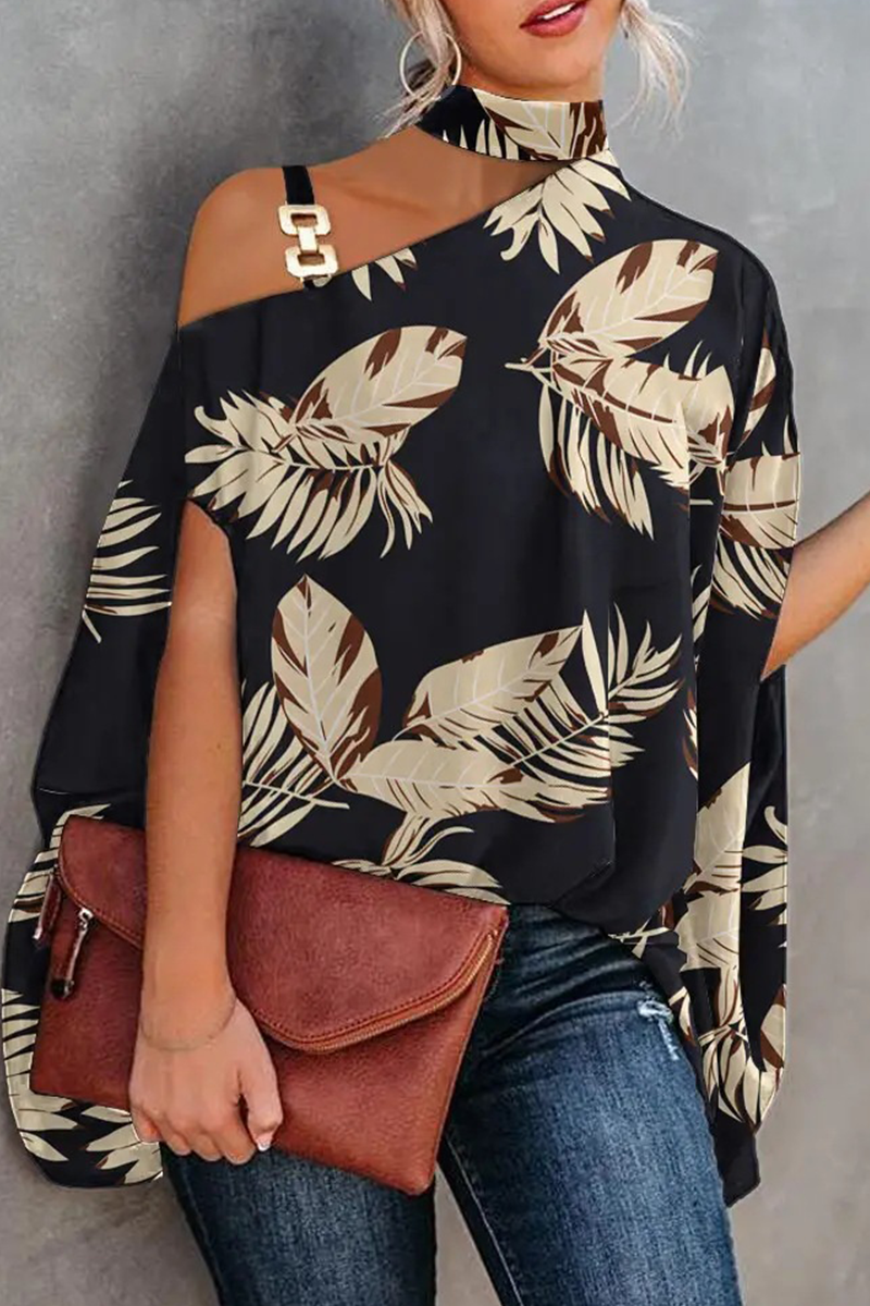 Fashion Print Patchwork One Shoulder Tops Fashionpara